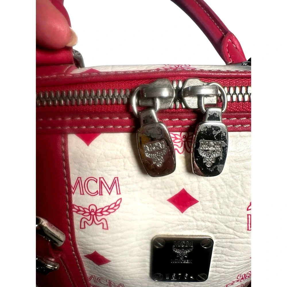 MCM Small Boston bag White Pink Visetos Satchel with Charm~Chain strap~Twilly